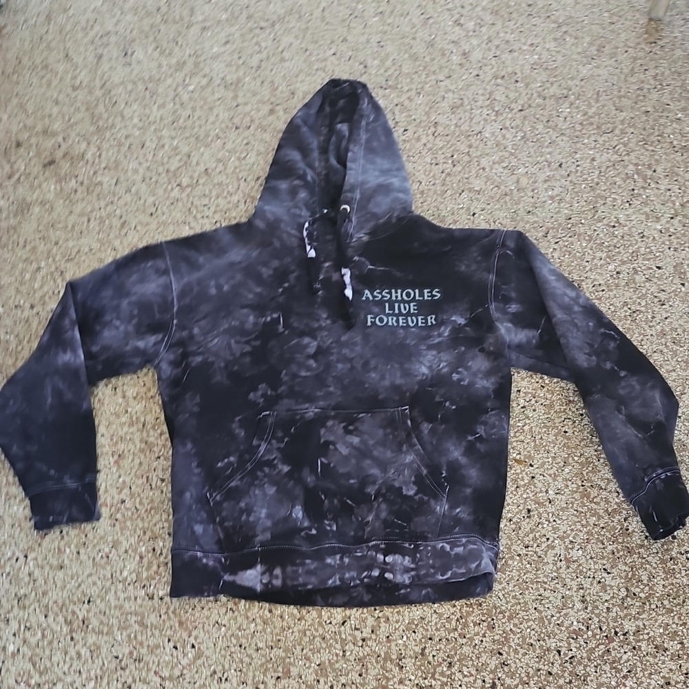 ASSHOLES LIVE FOREVER Black and Gray Tie Dye Graphic Hoodie Sweatshirt L